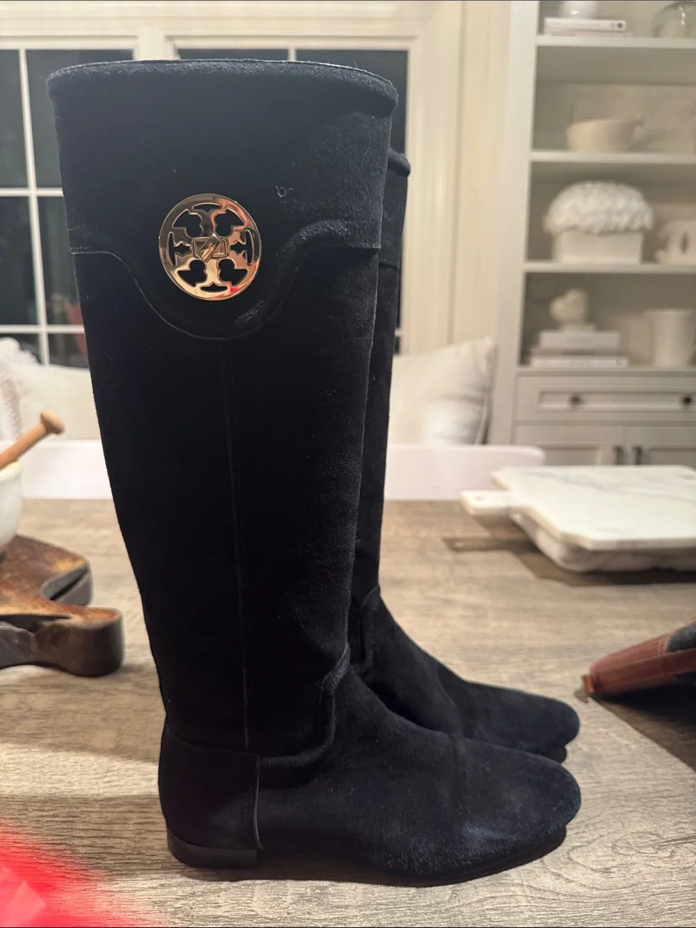 Tory Burch Black Knee High Boots with Gold Logo